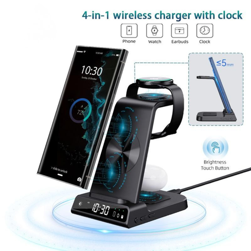 4-in-1 Wireless Charging Stand with digital clock