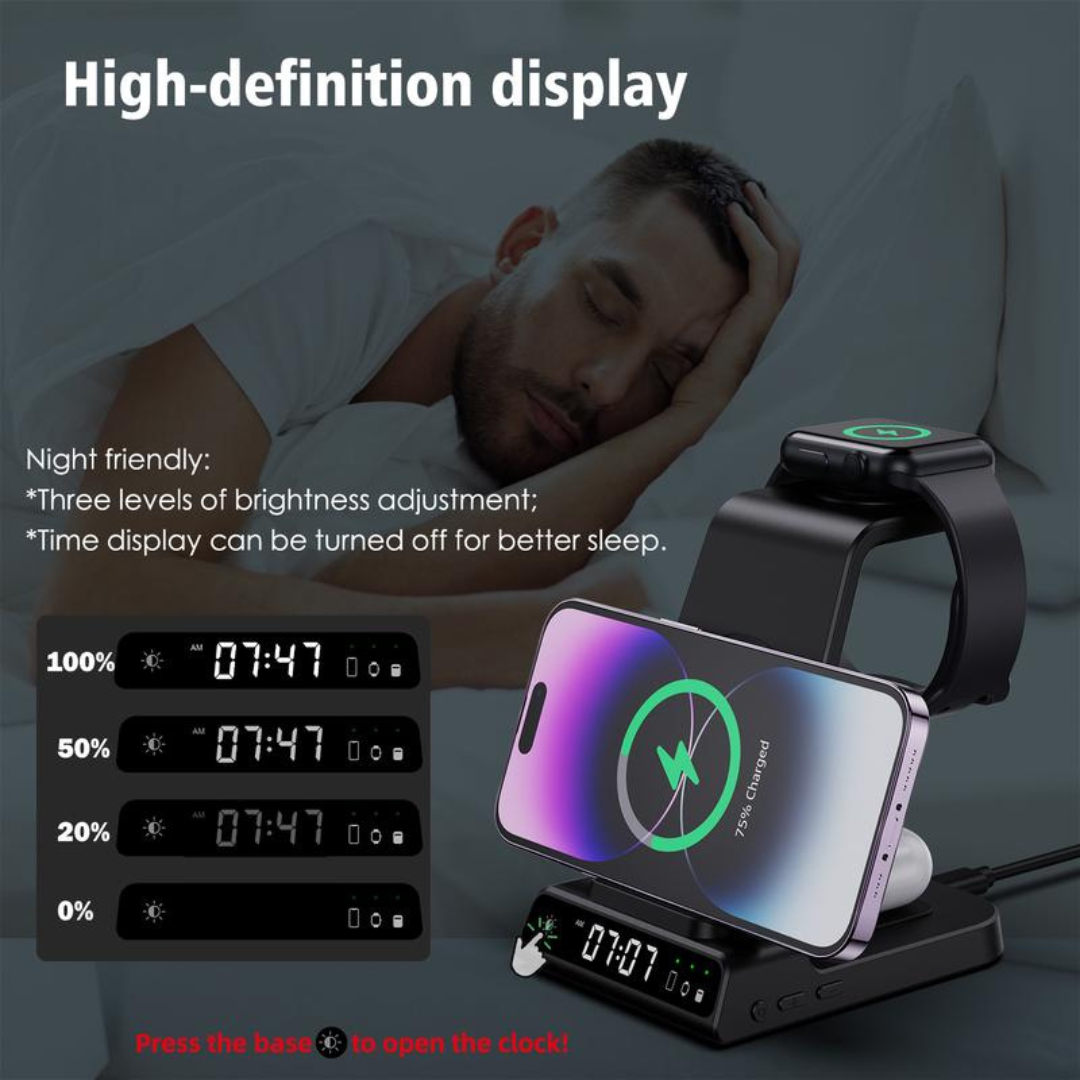 4-in-1 Wireless Charging Stand with digital clock