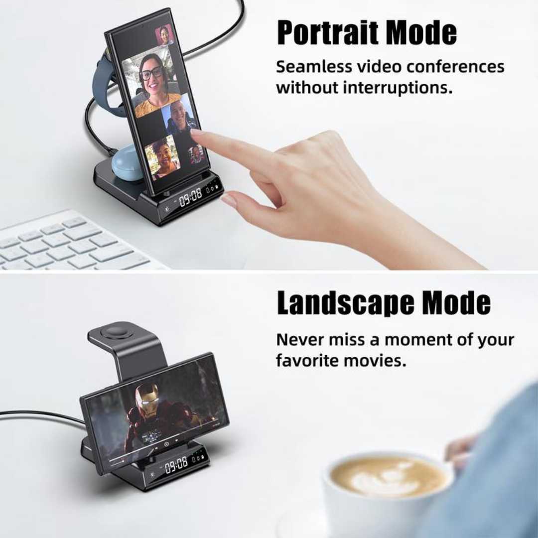 4-in-1 Wireless Charging Stand with digital clock